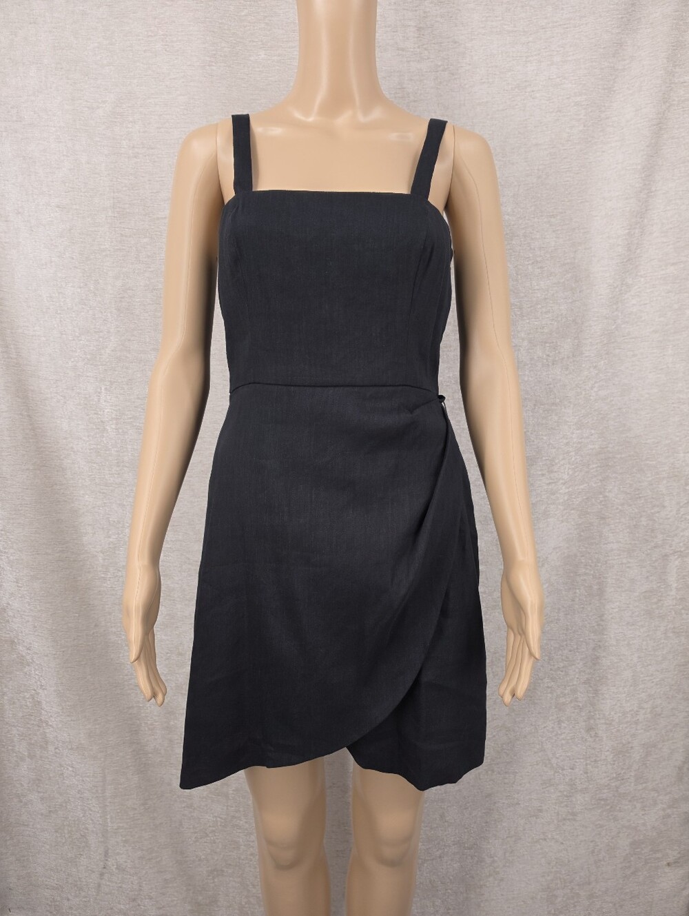 Gianni Bini Linen Blend Faux Wrap Tie Back Sleeveless Black Mini Dress